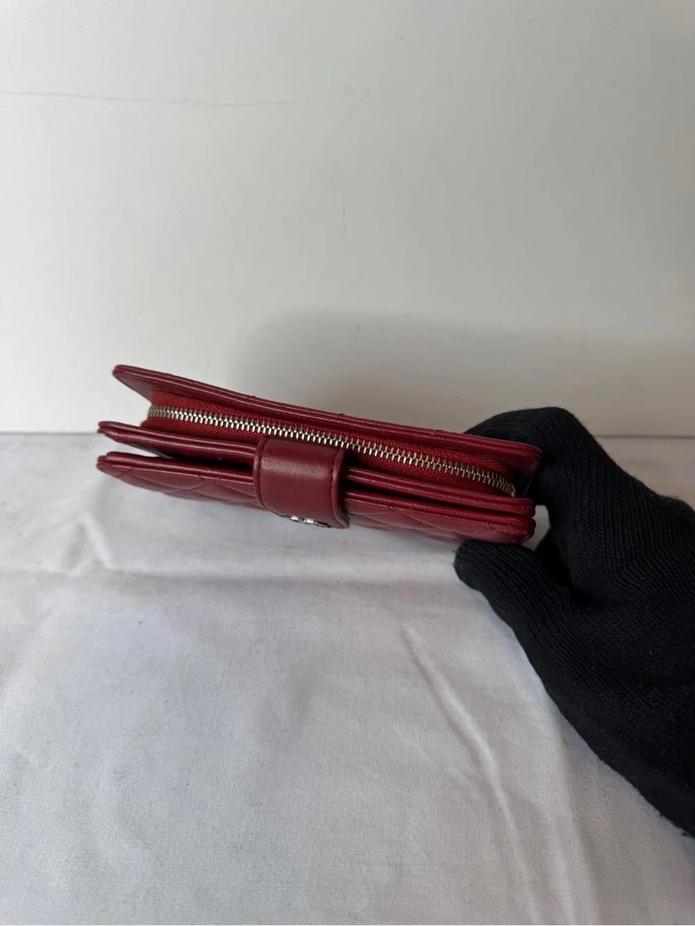 CHANEL Quilted Wallet in Deep Red with Silver CC Compact Wallet